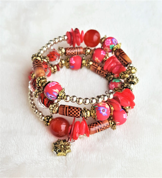 Bracelet Beaded Ethnic Bohemian with Charm, Red, Gold, Brown - Urban Flair USA