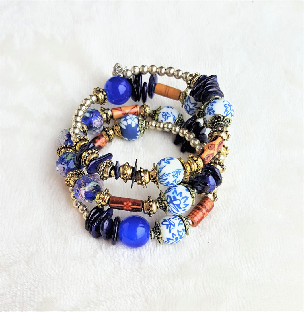 Bracelet Beaded Ethnic Bohemian with Charm, Gold, White, Blue, Brown - Urban Flair USA