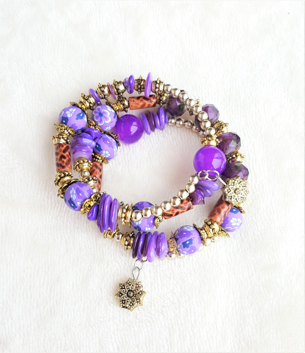Bracelet Beaded Ethnic Bohemian with Charm, Purple, Gold, Brown - Urban Flair USA