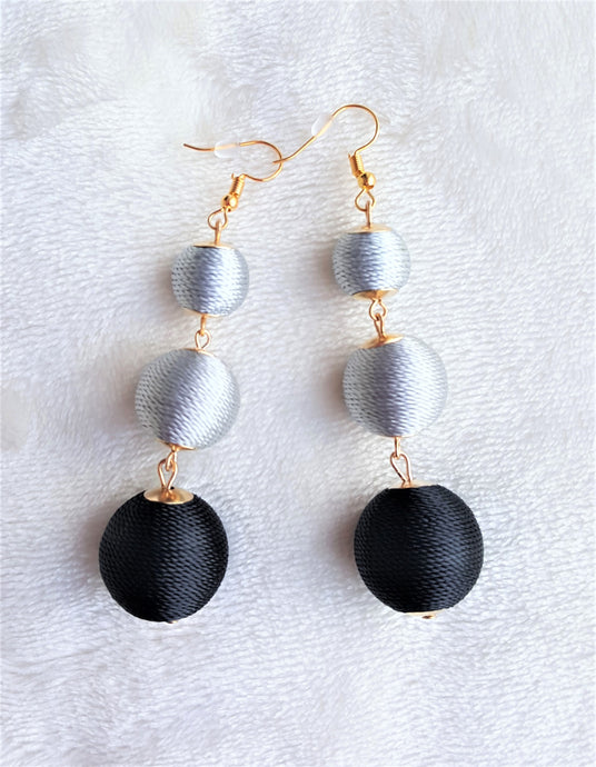 Les Bon Bon Earrings Silk Thread Triple Tier Drop Earrings, Black Grey Boho Chic Designer Jewelry Earrings,Statement Earring, Gift for Her - Urban Flair USA