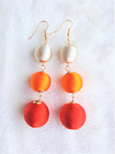 Les Bon Bon Earrings Silk Thread Multicolored Triple Tier Drop, Red Orange Beige Boho Chic Designer Jewelry,Statement Earring, Gift for Her - Urban Flair USA