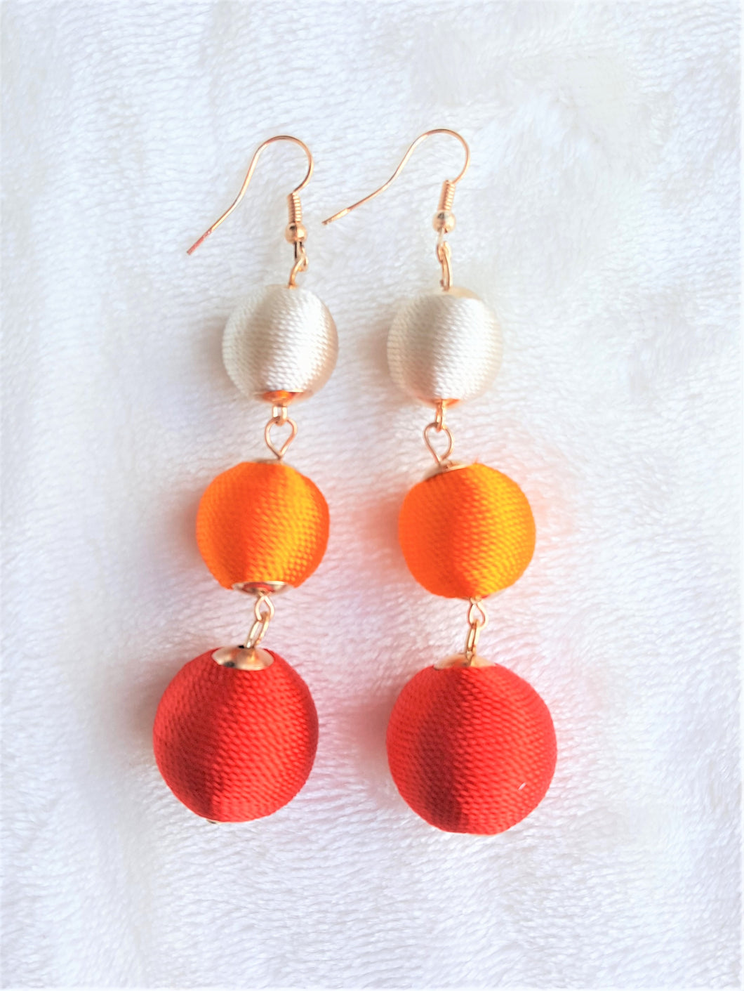 Les Bon Bon Earrings Silk Thread Multicolored Triple Tier Drop, Red Orange Beige Boho Chic Designer Jewelry,Statement Earring, Gift for Her - Urban Flair USA
