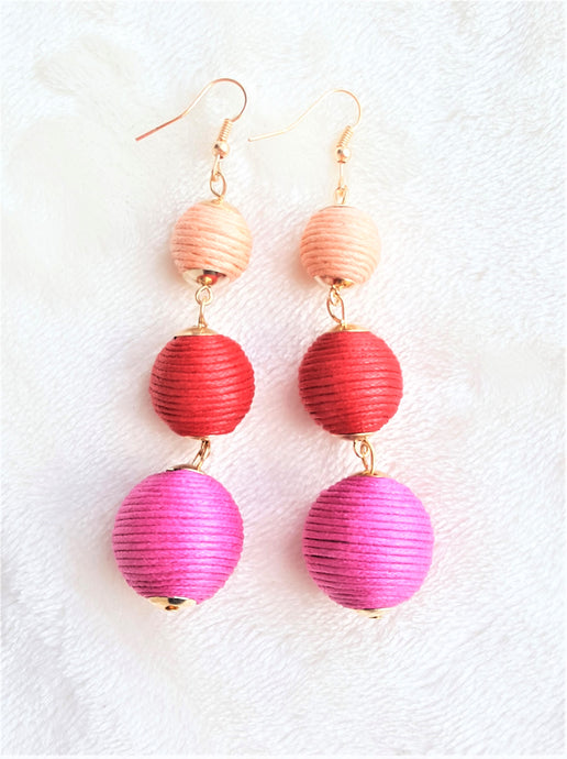 Les Bon Bon Earrings Threaded Multicolored Triple Tier Drop, Peach Red Fushia Boho Chic Designer Jewelry,Statement Earring,Gift for Her - Urban Flair USA