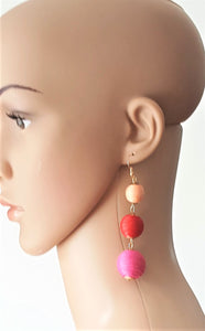 Les Bon Bon Earrings Threaded Multicolored Triple Tier Drop, Peach Red Fushia Boho Chic Designer Jewelry,Statement Earring,Gift for Her - Urban Flair USA