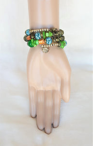 Bracelet Beaded Ethnic Bohemian with Charm, Gold, Green, Brown, Teal, White - Urban Flair USA