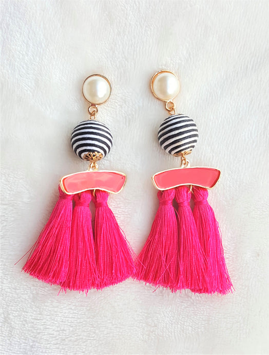 Tassel Earrings Bon Bon Pearl Enamel Fushia Tassel Long Statement Earrings - Urban Flair USA
