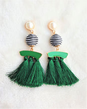 Load image into Gallery viewer, Tassel Earrings Bon Bon Pearl Enamel Green Tassel Long Statement Earrings - Urban Flair USA