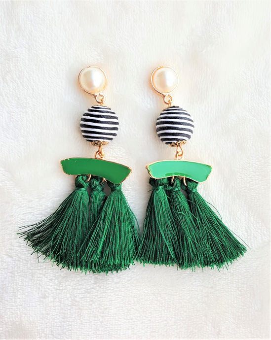 Tassel Earrings Bon Bon Pearl Enamel Green Tassel Long Statement Earrings - Urban Flair USA