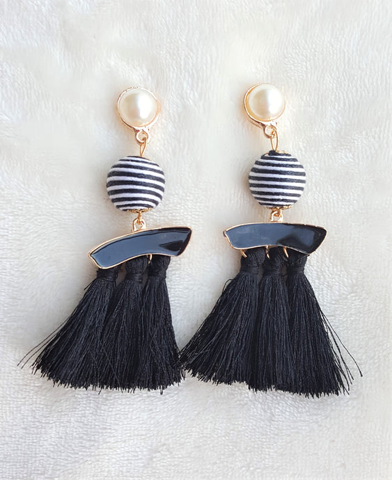Black Tassel Bon Bon Earrings Pearl Enamel Long Statement Earrings - Urban Flair USA