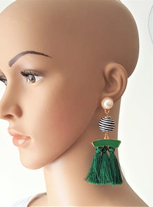 Tassel Earrings Bon Bon Pearl Enamel Green Tassel Long Statement Earrings - Urban Flair USA