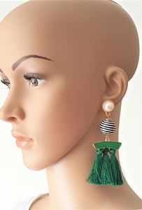 Thread Tassel Earrings Pearl Enamel Bon Bon Black White Threaded Long Statement Earrings - Urban Flair USA