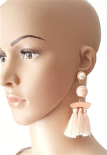 Load image into Gallery viewer, Tassel Earrings Bon Bon Pearl Enamel Peach Light Orange Long Statement Earrings - Urban Flair USA