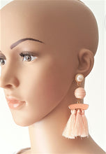 Load image into Gallery viewer, Tassel Earrings Bon Bon Pearl Enamel Peach Light Orange Long Statement Earrings - Urban Flair USA