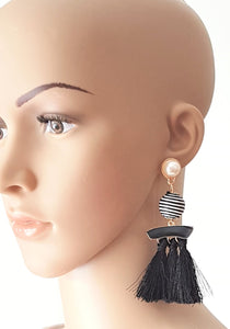 Black Tassel Bon Bon Earrings Pearl Enamel Long Statement Earrings - Urban Flair USA