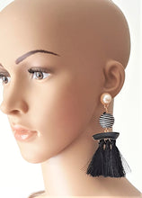 Load image into Gallery viewer, Thread Tassel Earrings Pearl Enamel Bon Bon Black White Threaded Long Statement Earrings - Urban Flair USA