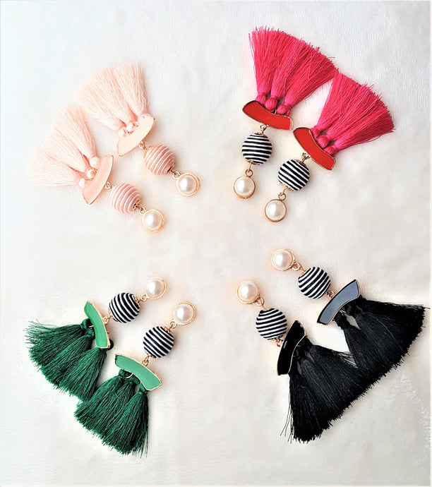 Thread Tassel Earrings Pearl Enamel Bon Bon Black White Threaded Long Statement Earrings - Urban Flair USA