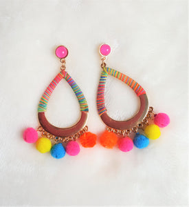 Earrings Pom Pom Multi-color, Multi color Threaded Hoop, Fushia Stud, Boho Chic Fashion Statement Earring - Urban Flair USA