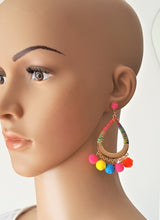 Load image into Gallery viewer, Earrings Pom Pom Multi-color, Multi color Threaded Hoop, Fushia Stud, Boho Chic Fashion Statement Earring - Urban Flair USA