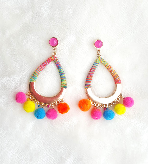 Earrings Pom Pom Multi-color, Multi color Threaded Hoop, Fushia Stud, Boho Chic Fashion Statement Earring - Urban Flair USA