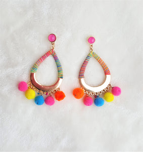 Earrings Pom Pom Multi-color, Multi color Threaded Hoop, Fushia Stud, Boho Chic Fashion Statement Earring - Urban Flair USA