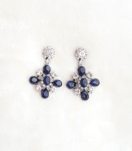 Crystal Earrings Vintage Design Antique Silver, Navy Blue Clear Crystal Dangle Drop Earrings by UrbanFlair - Urban Flair USA