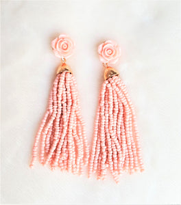Earrings Beaded Tassel Pink Peach Rose Stud, Light Pink/Peach Statement Earrings, Beach Earrings by UrbanFlair - Urban Flair USA