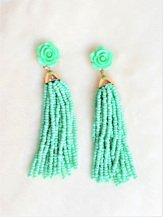 Beaded Tassel Earrings Rose Stud Enamel, Statement Earrings, Beach Earrings by UrbanFlair - Urban Flair USA