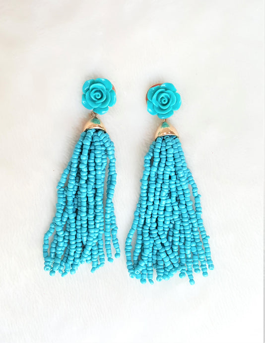 Beaded Tassel Earrings Teal Blue Rose Stud Enamel, Turquoise Statement Earrings, Boho Earrings by UrbanFlair - Urban Flair USA