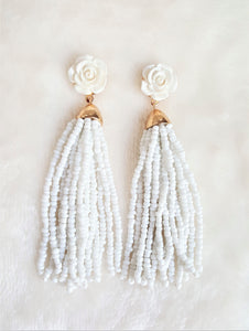 White Earrings Bead Tassel Enamel Rose Stud, Statement Earrings, Beach Earrings by UrbanFlair - Urban Flair USA