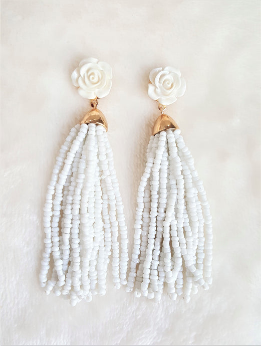 White Earrings Bead Tassel Enamel Rose Stud, Statement Earrings, Beach Earrings by UrbanFlair - Urban Flair USA