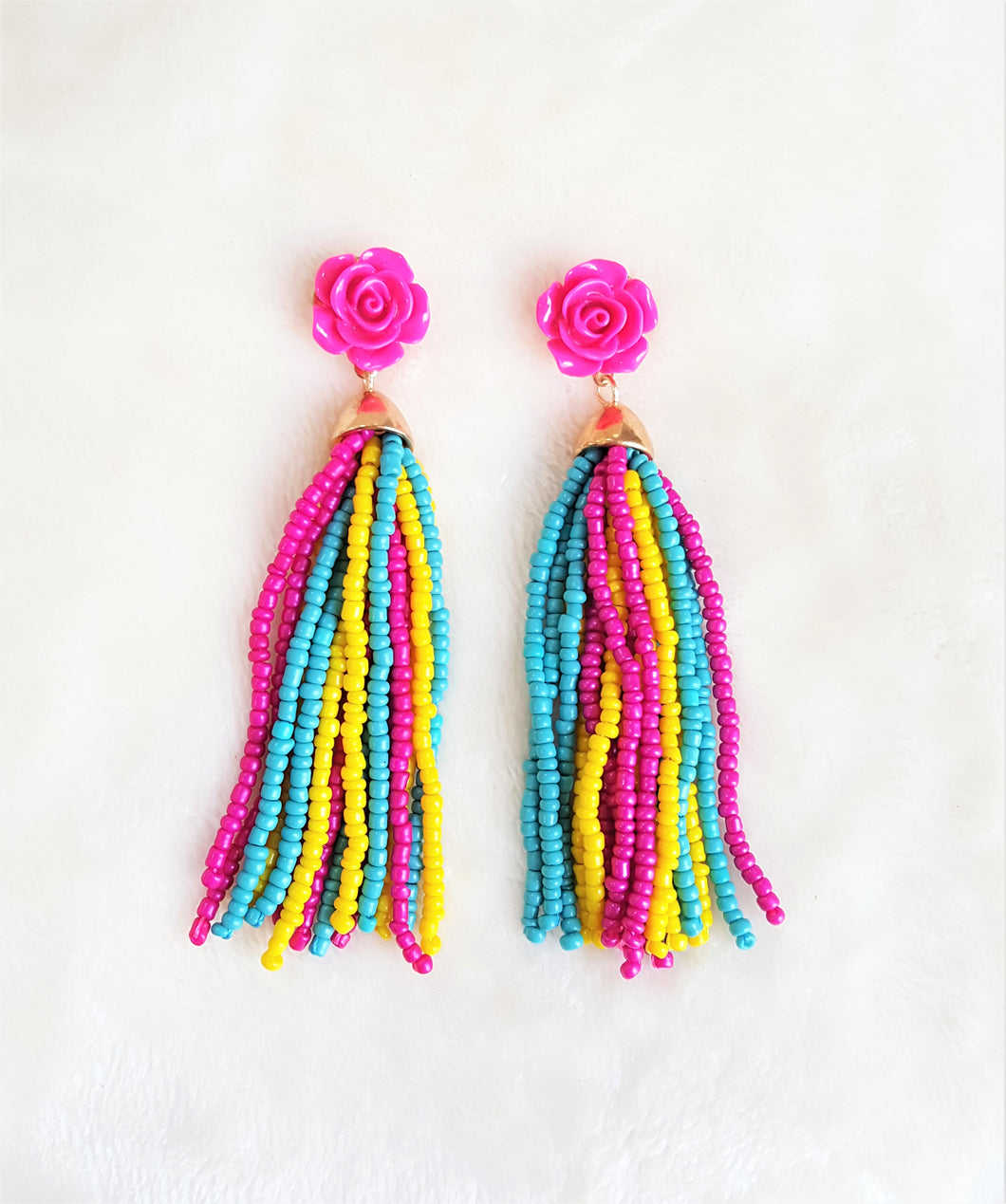 Tassel Earrings Beaded Multicolored Pink Rose Stud Enamel, Statement Earrings, Beach Earrings by UrbanFlair - Urban Flair USA