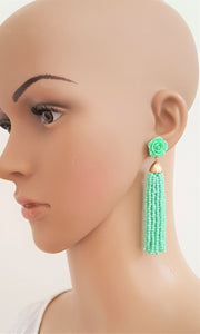 Beaded Tassel Earrings Rose Stud Enamel, Statement Earrings, Beach Earrings by UrbanFlair - Urban Flair USA