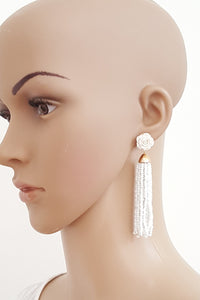White Earrings Bead Tassel Enamel Rose Stud, Statement Earrings, Beach Earrings by UrbanFlair - Urban Flair USA