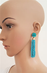 Beaded Tassel Earrings Teal Blue Rose Stud Enamel, Turquoise Statement Earrings, Boho Earrings by UrbanFlair - Urban Flair USA