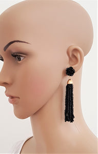 Earrings Black Beaded Tassel Rose Stud Enamel, Statement Earrings, Beach Earrings by UrbanFlair - Urban Flair USA