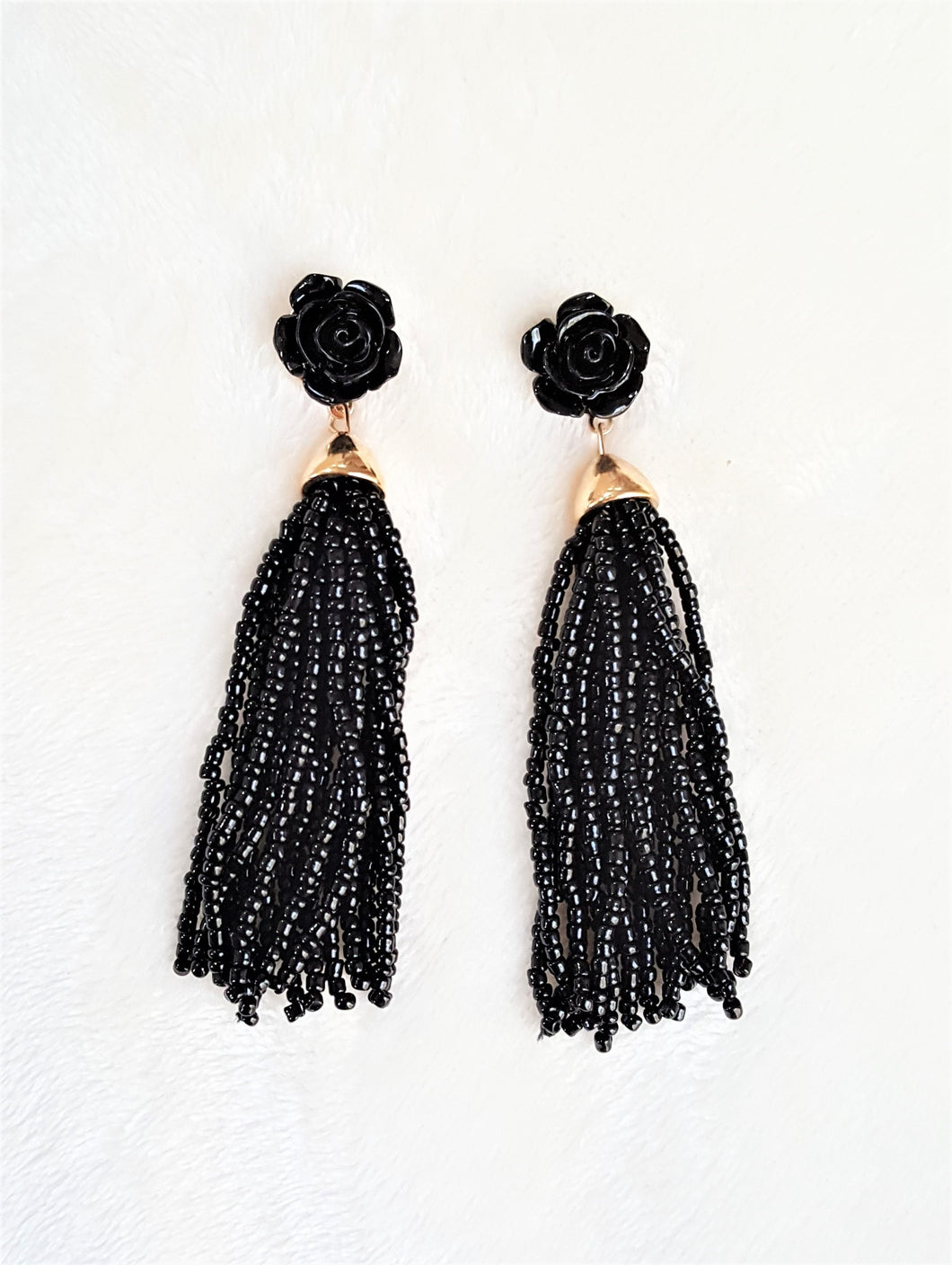 Earrings Black Beaded Tassel Rose Stud Enamel, Statement Earrings, Beach Earrings by UrbanFlair - Urban Flair USA