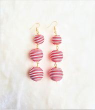 Load image into Gallery viewer, Bon Bon Earrings White  Red Ball Triple Tier Drop Dangle Boho Chic Designer, Beach Jewelry Earrings, Statement Earring, Gift for Her - Urban Flair USA