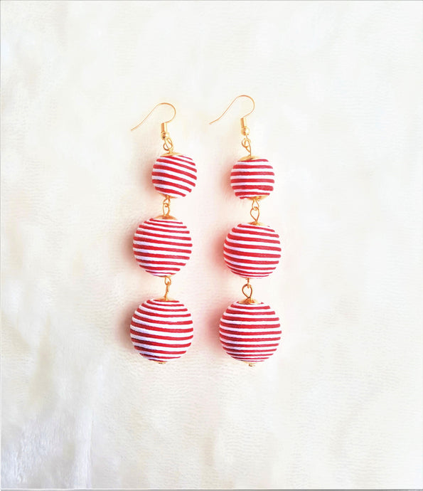 Bon Bon Earrings White  Red Ball Triple Tier Drop Dangle Boho Chic Designer, Beach Jewelry Earrings, Statement Earring, Gift for Her - Urban Flair USA