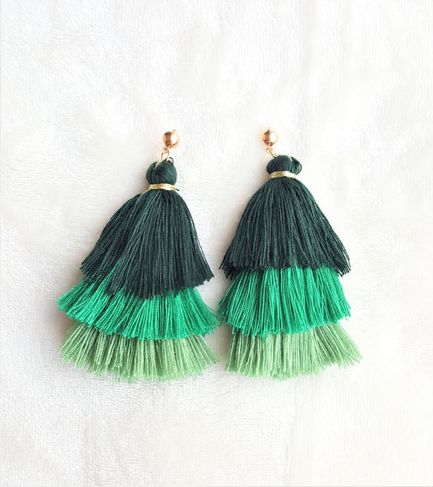 Earrings Layered Tassel Green, Gold tone Stud,Chic Fashion Earring,Beach Earrings,Statement Earring - Urban Flair USA