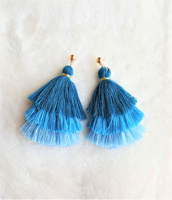 Earrings Layered Tassel Blue Teal, Gold tone Stud,Chic Fashion Earring,Beach Earrings,Statement Earring - Urban Flair USA