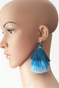 Earrings Layered Tassel Blue Teal, Gold tone Stud,Chic Fashion Earring,Beach Earrings,Statement Earring - Urban Flair USA