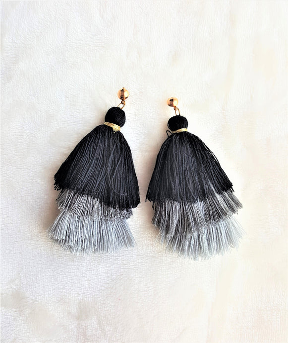 Earrings Layered Tassel Black Grey, Gold tone Stud,Chic Fashion Earring,Beach Earrings,Statement Earring - Urban Flair USA