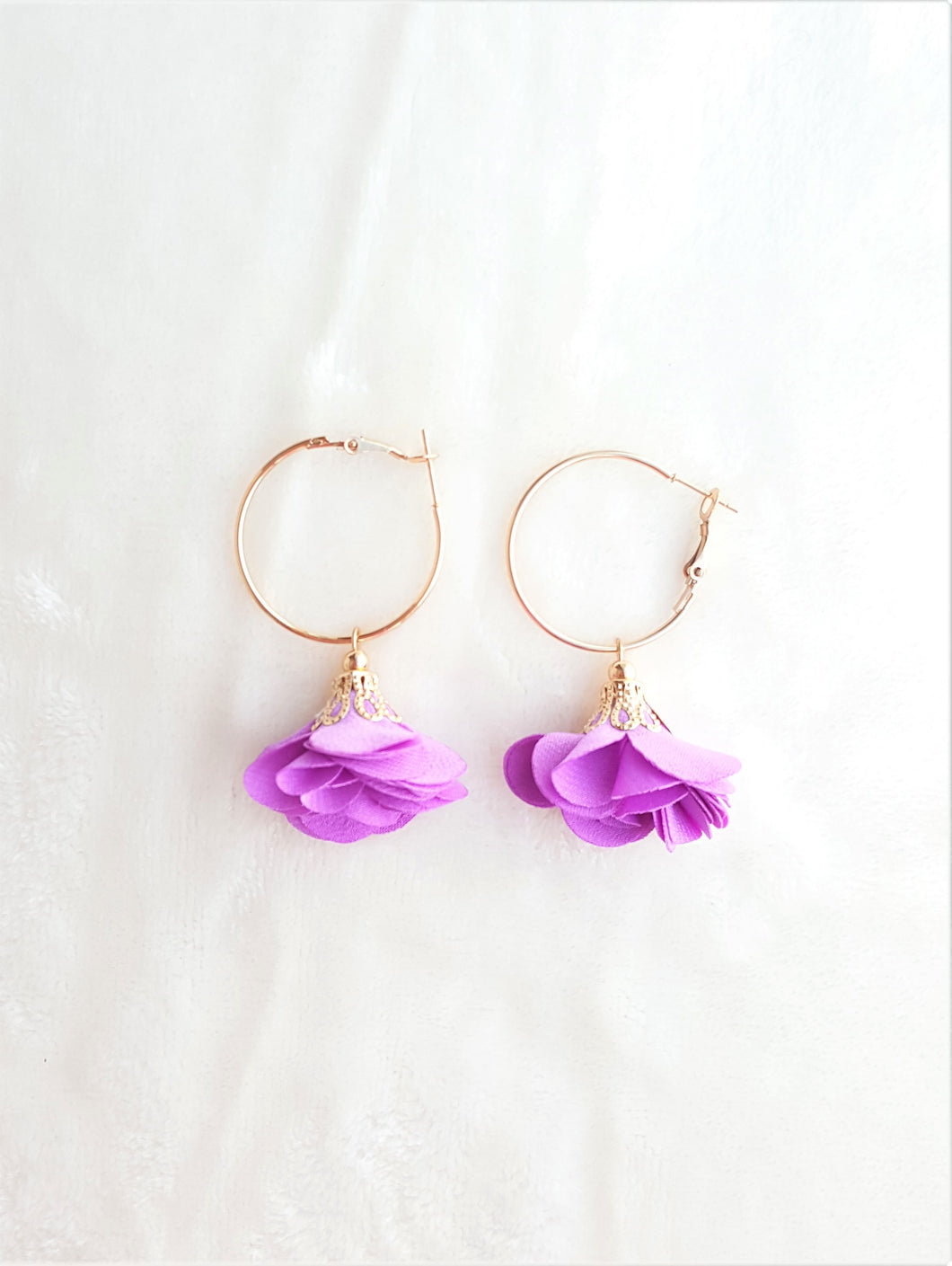 Fashion Earrings Floral Purple Lavender Flower Tassel Gold Hoop Earrings by UrbanFlair - Urban Flair USA
