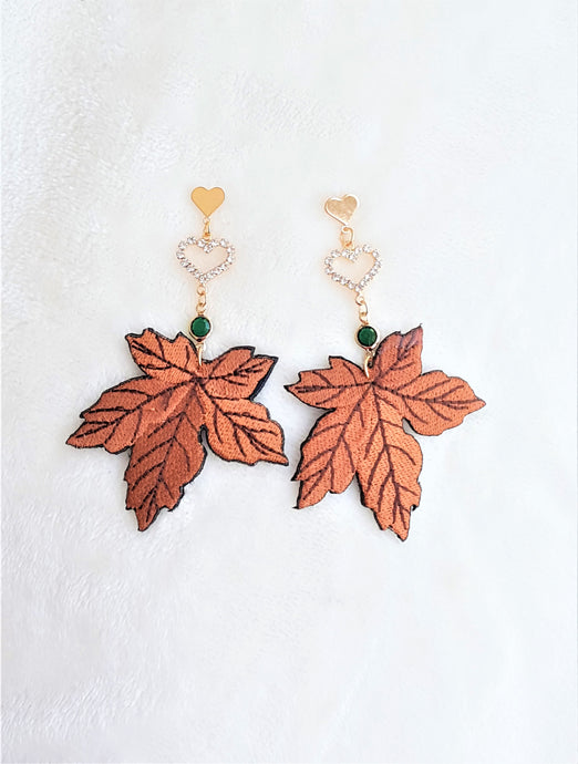 Maple Leaf Earrings Embroidered Rhinestone Heart Gold Stud Fall Earrings, Autumn Jewelry - Urban Flair USA