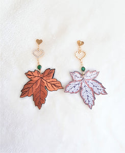 Maple Leaf Earrings Embroidered Rhinestone Heart Gold Stud Fall Earrings, Autumn Jewelry - Urban Flair USA