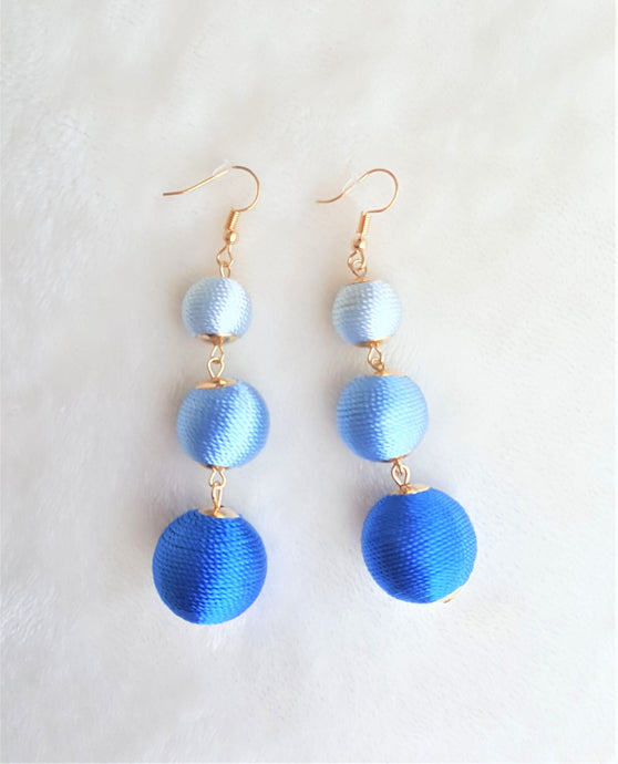 Bon Bon Earrings Blue Silk Thread Triple Tier Drop, Les Bon Bon, Boho Chic Designer Jewelry,Statement Earring, Gift for Her - Urban Flair USA