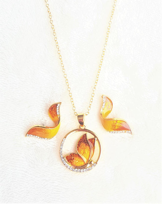 Hawaiian Pendant Necklace Earring Set Rhinestone Butterfly Jewelry Set Yellow/Orange Enamel Jewelry - Urban Flair USA