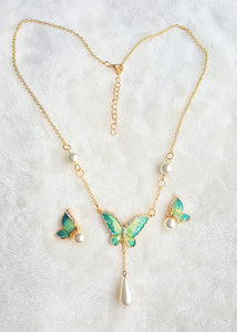 Hawaiian Pendant Necklace Earring Set Pearl Rhinestone Butterfly Jewelry Set Green/Teal Enamel Jewelry - Urban Flair USA