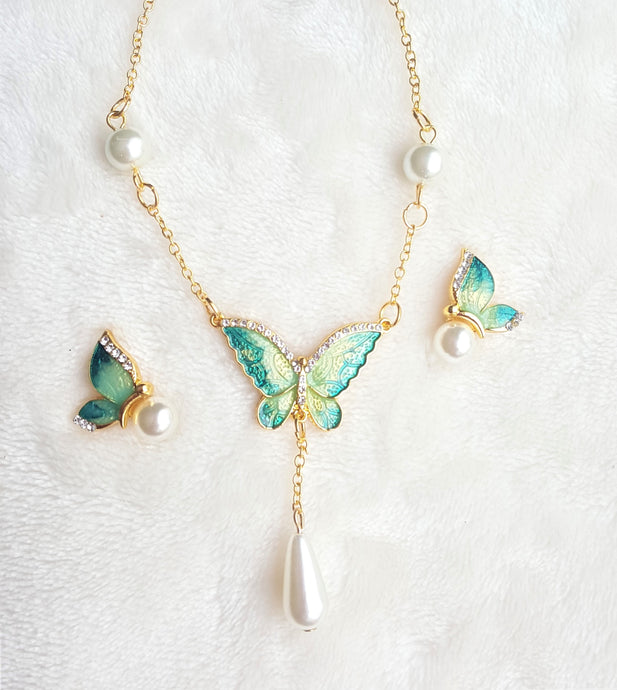 Hawaiian Pendant Necklace Earring Set Pearl Rhinestone Butterfly Jewelry Set Green/Teal Enamel Jewelry - Urban Flair USA