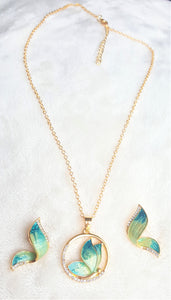Hawaiian Pendant Necklace Earring Set Rhinestone Butterfly Jewelry Set Green/Teal Enamel Jewelry - Urban Flair USA